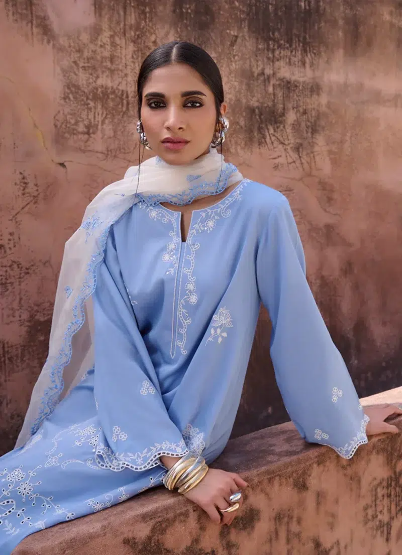 Image | Eid Collection ‘25 | Luxury Embroidered Suit | Blue | Stitched | 3 pc set.