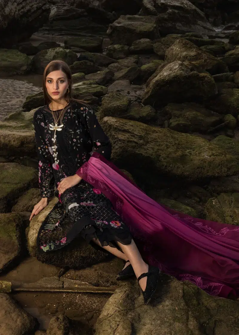 Crimson | Flow By Crimson Lawn 25 | Midnight Black | Unstitched | Festive wear | Bloom Bold | D4 B | 3pc set.