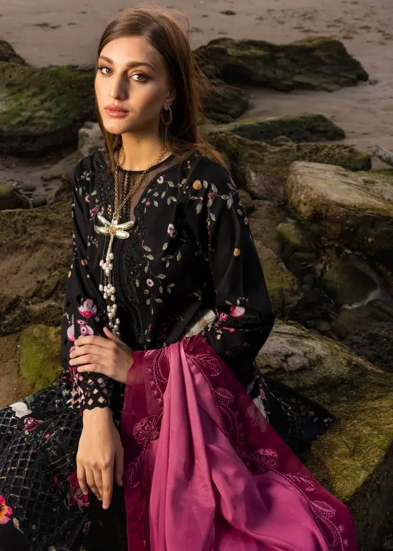 Crimson | Flow By Crimson Lawn 25 | Midnight Black | Unstitched | Festive wear | Bloom Bold | D4 B | 3pc set.