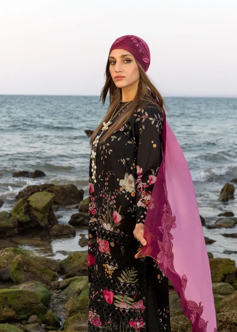 Crimson | Flow By Crimson Lawn 25 | Midnight Black | Unstitched | Festive wear | Bloom Bold | D4 B | 3pc set.