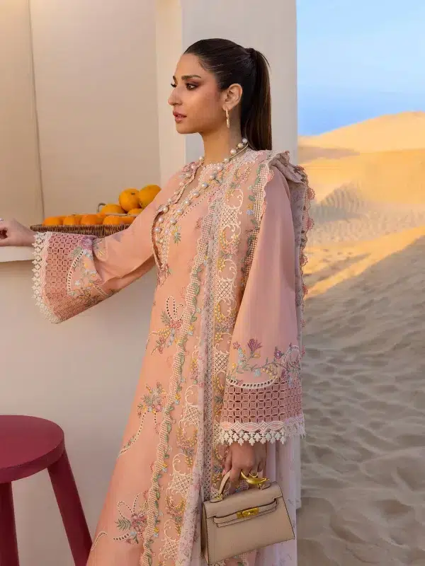 Crimson | Flow By Crimson Lawn 25 | Peachy Pink | Unstitched | Festive wear | Twirls And Ties | D8 A | 3pc set.