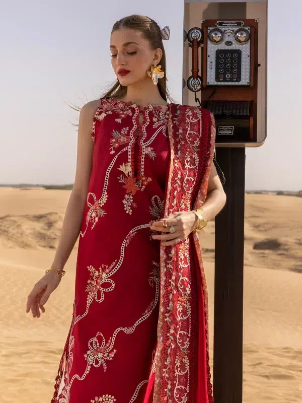 Crimson | Flow By Crimson Lawn 25 | Cherry Red | Unstitched | Festive wear | Twirls And Ties | D8 B | 3pc set.