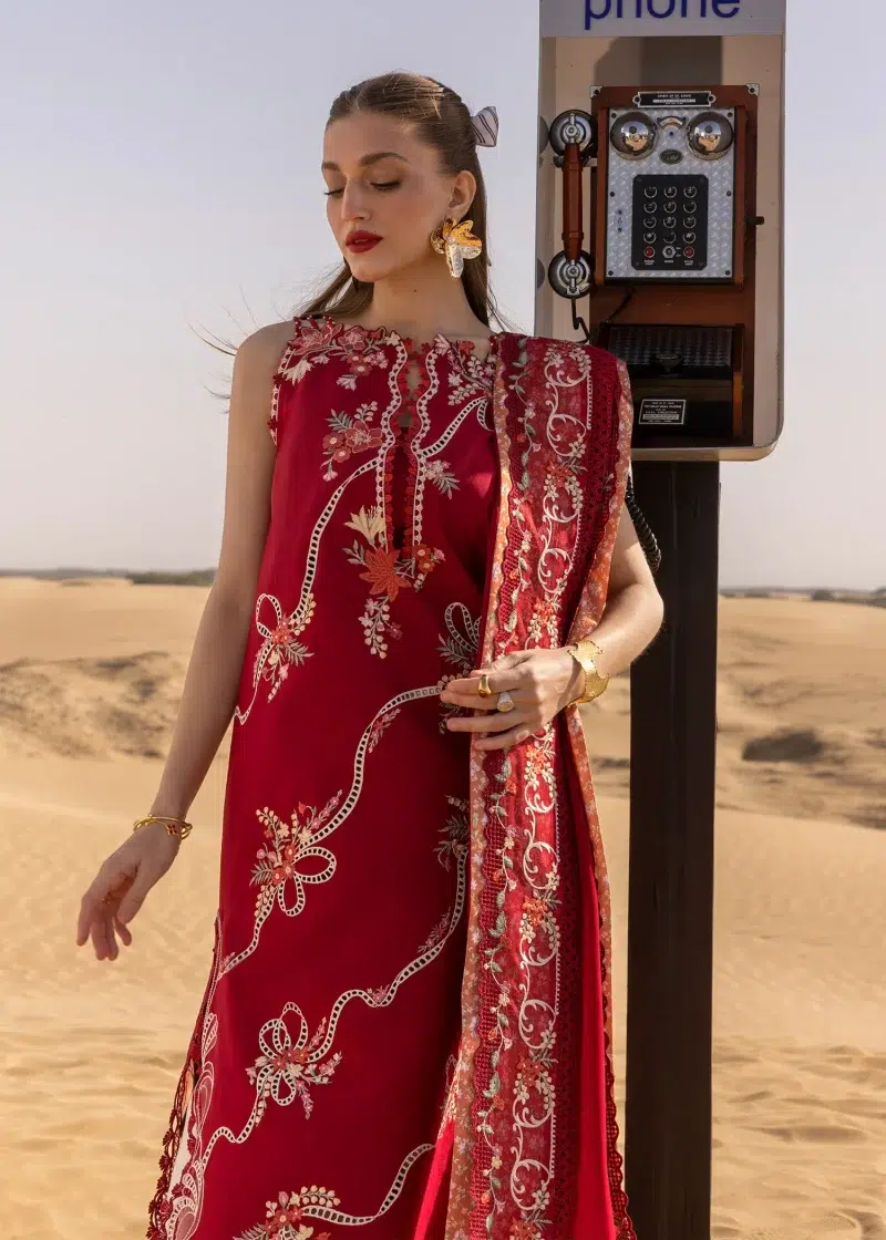 Crimson | Flow By Crimson Lawn 25 | Cherry Red | Unstitched | Festive wear | Twirls And Ties | D8 B | 3pc set.