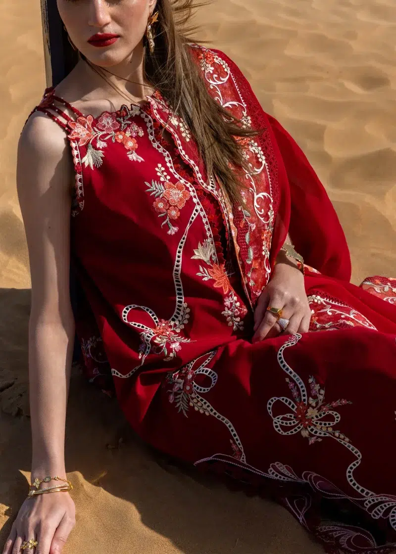 Crimson | Flow By Crimson Lawn 25 | Cherry Red | Unstitched | Festive wear | Twirls And Ties | D8 B | 3pc set.