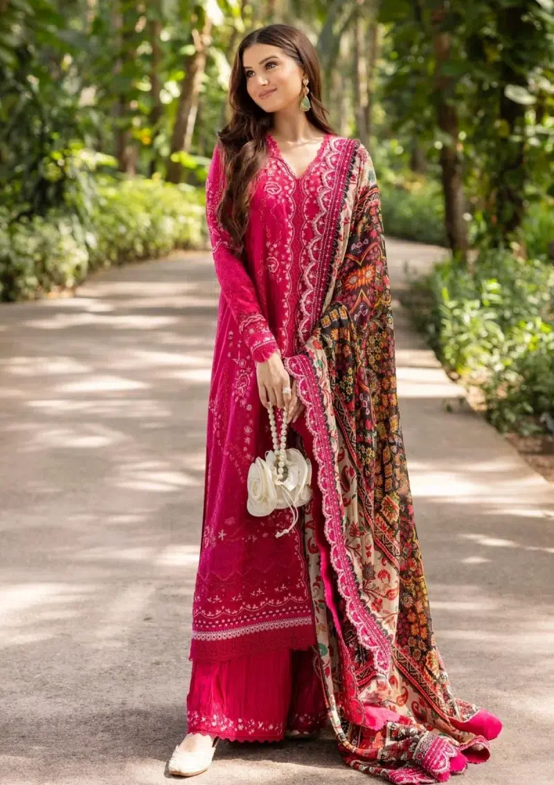 Faiza Saqlain | Noor e Chashm | Zinnia Luxury Lawn 25 | Dark Hot Pink | Unstitched | Feastive Wear | Verda - 01 | 3 pc set.