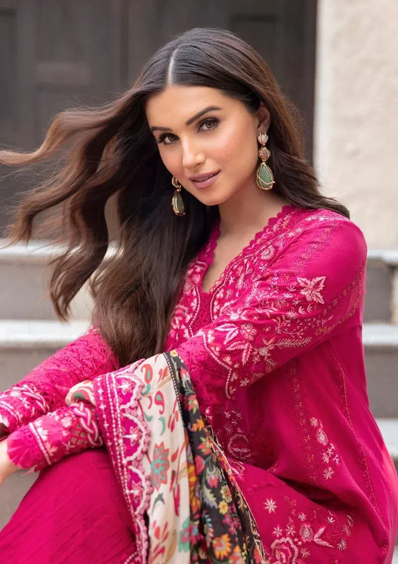 Faiza Saqlain | Noor e Chashm | Zinnia Luxury Lawn 25 | Dark Hot Pink | Unstitched | Feastive Wear | Verda - 01 | 3 pc set.