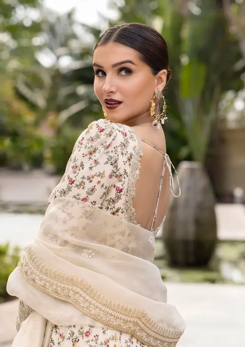 Faiza Saqlain | Noor e Chashm | Zinnia Luxury Lawn 25 | Off-White | Unstitched | Feastive Wear | Vinika - 03 | 3 pc set.