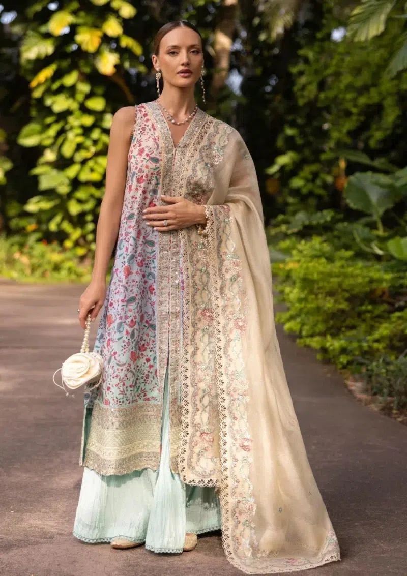 Faiza Saqlain | Noor e Chashm | Zinnia Luxury Lawn 25 | Peach | Unstitched | Feastive Wear | Danica - 06 | 3 pc set.