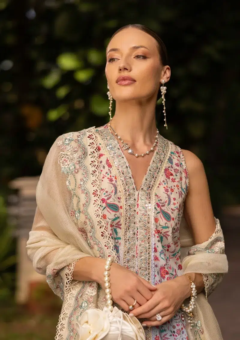Faiza Saqlain | Noor e Chashm | Zinnia Luxury Lawn 25 | Peach | Unstitched | Feastive Wear | Danica - 06 | 3 pc set.
