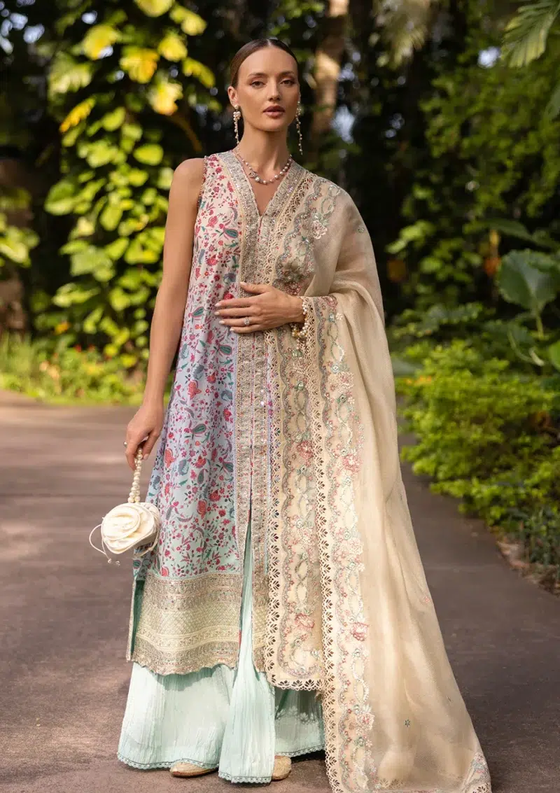 Faiza Saqlain | Noor e Chashm | Zinnia Luxury Lawn 25 | Peach | Unstitched | Feastive Wear | Danica - 06 | 3 pc set.