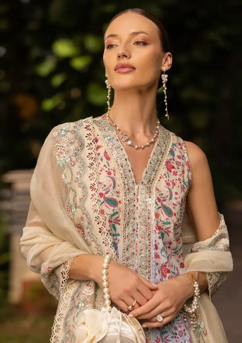 Faiza Saqlain | Noor e Chashm | Zinnia Luxury Lawn 25 | Peach | Unstitched | Feastive Wear | Danica - 06 | 3 pc set.