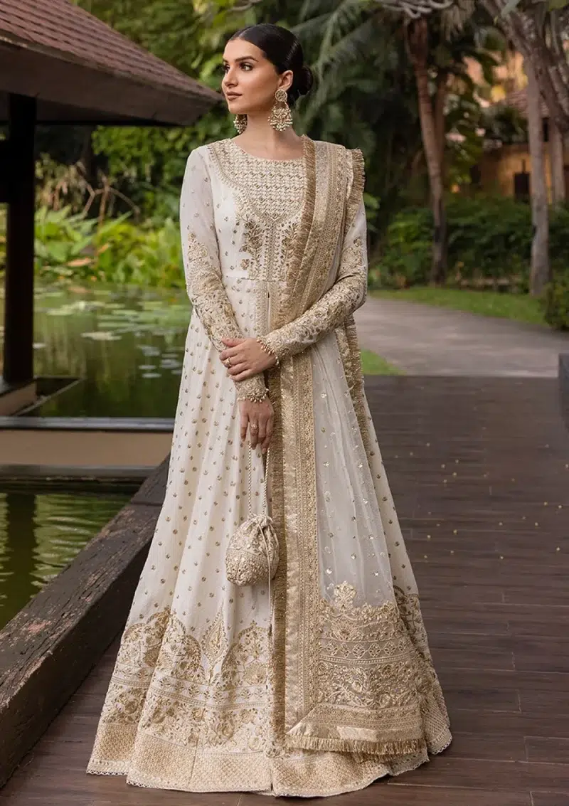Faiza Saqlain | Noor e Chashm | Zinnia Luxury Lawn 25 | Off-White & Gold | Unstitched | Feastive Wear | Lily - 07 | 3 pc set.