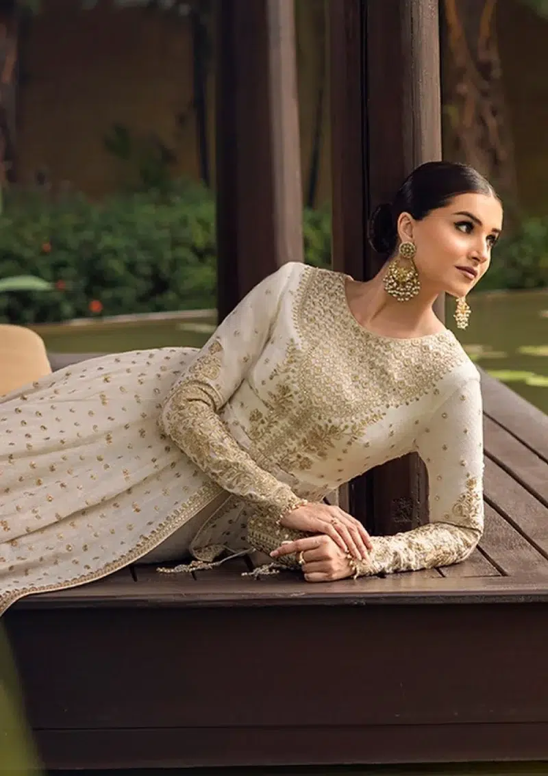 Faiza Saqlain | Noor e Chashm | Zinnia Luxury Lawn 25 | Off-White & Gold | Unstitched | Feastive Wear | Lily - 07 | 3 pc set.
