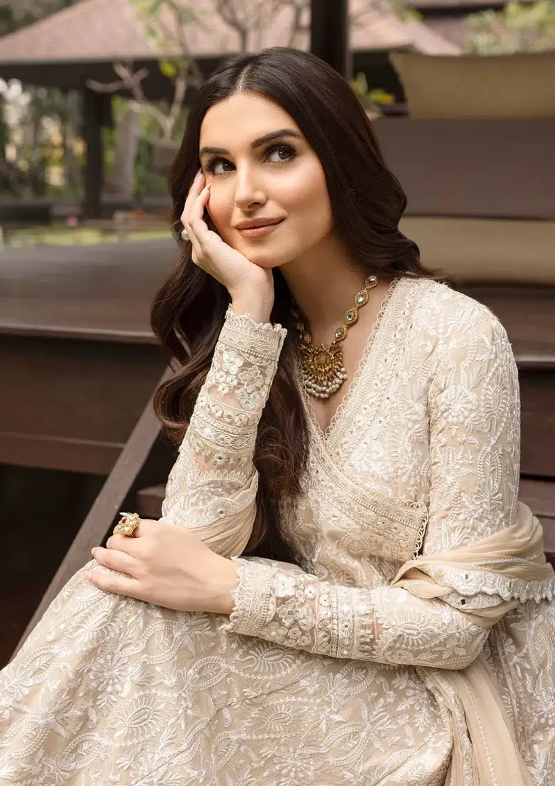 Faiza Saqlain | Noor e Chashm | Zinnia Luxury Lawn 25 | Bisque and Off-White | Unstitched | Feastive Wear | Ilima - 09 | 3 pc set.
