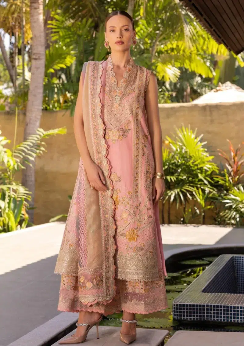 Faiza Saqlain | Noor e Chashm | Zinnia Luxury Lawn 25 | Peach | Unstitched | Feastive Wear | Peony - 10 | 3 pc set.