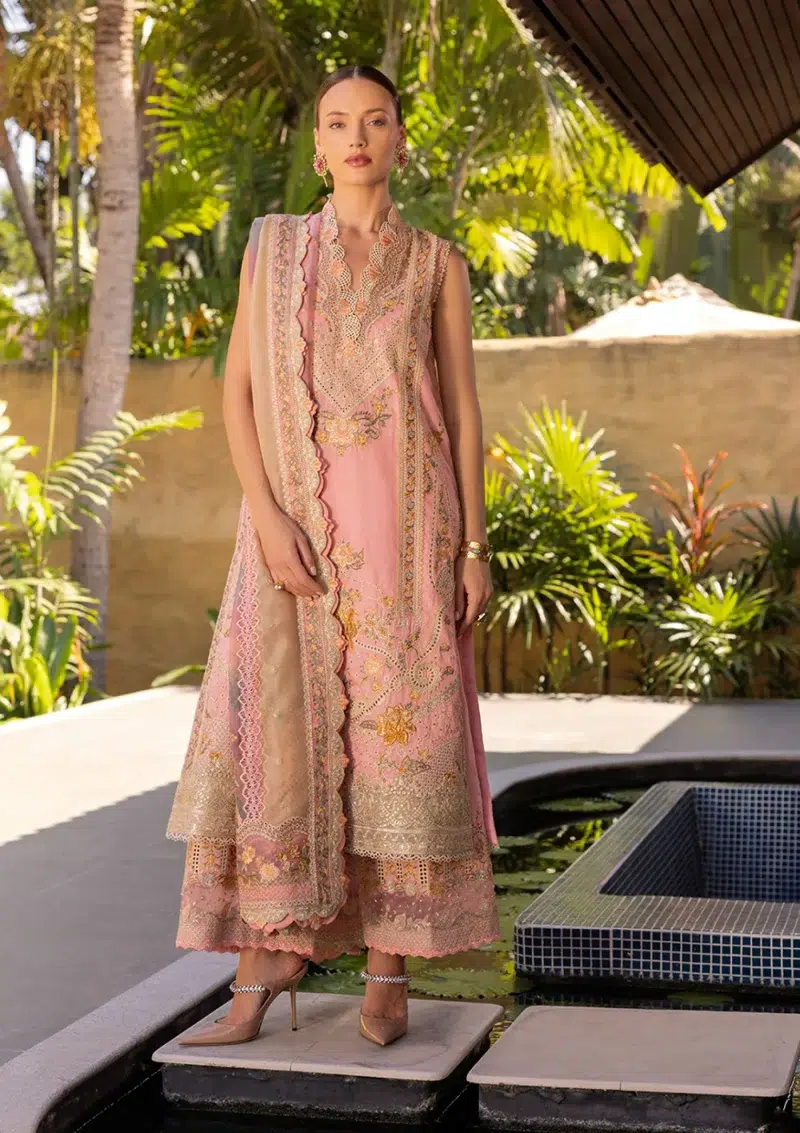 Faiza Saqlain | Noor e Chashm | Zinnia Luxury Lawn 25 | Peach | Unstitched | Feastive Wear | Peony - 10 | 3 pc set.