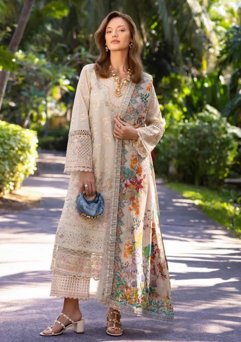 Faiza Saqlain | Noor e Chashm | Zinnia Luxury Lawn 25 | Vanilla | Unstitched | Feastive Wear | Delilah - 11 | 3 pc set.