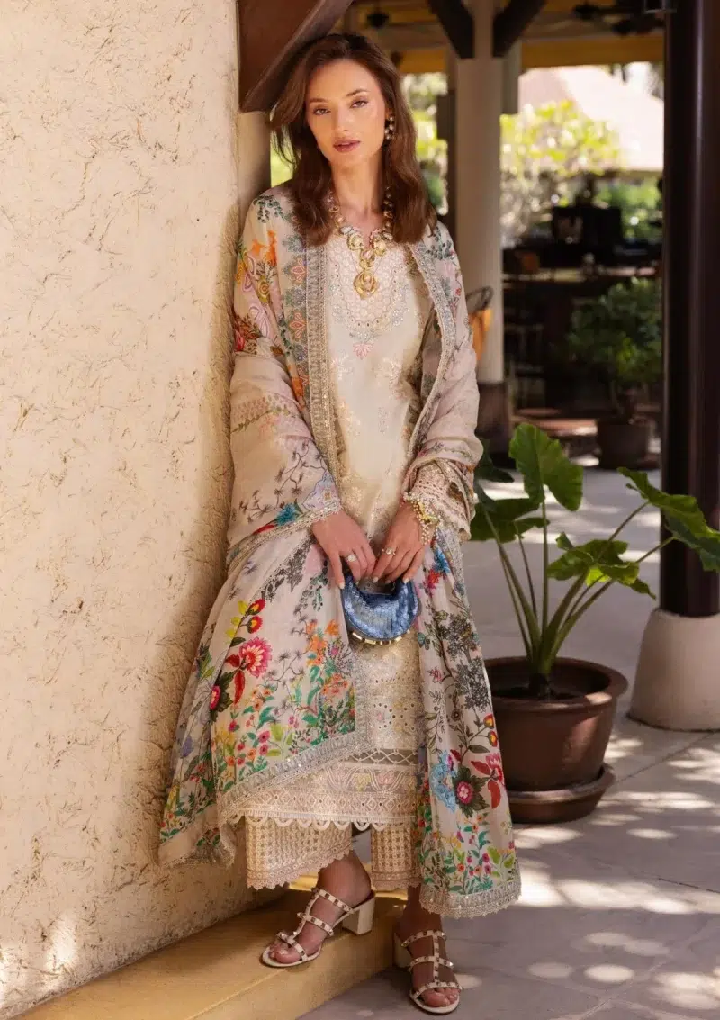 Faiza Saqlain | Noor e Chashm | Zinnia Luxury Lawn 25 | Vanilla | Unstitched | Feastive Wear | Delilah - 11 | 3 pc set.