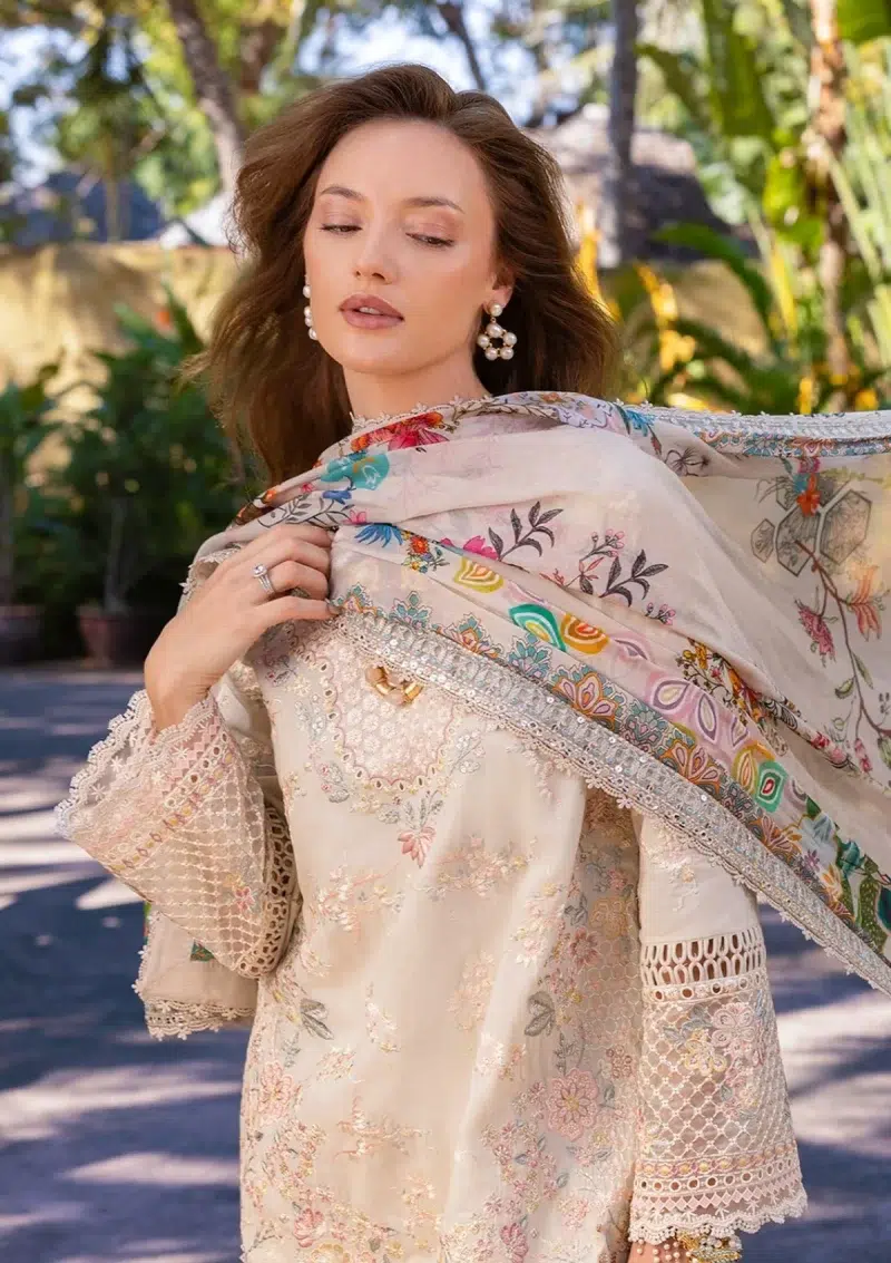 Faiza Saqlain | Noor e Chashm | Zinnia Luxury Lawn 25 | Vanilla | Unstitched | Feastive Wear | Delilah - 11 | 3 pc set.