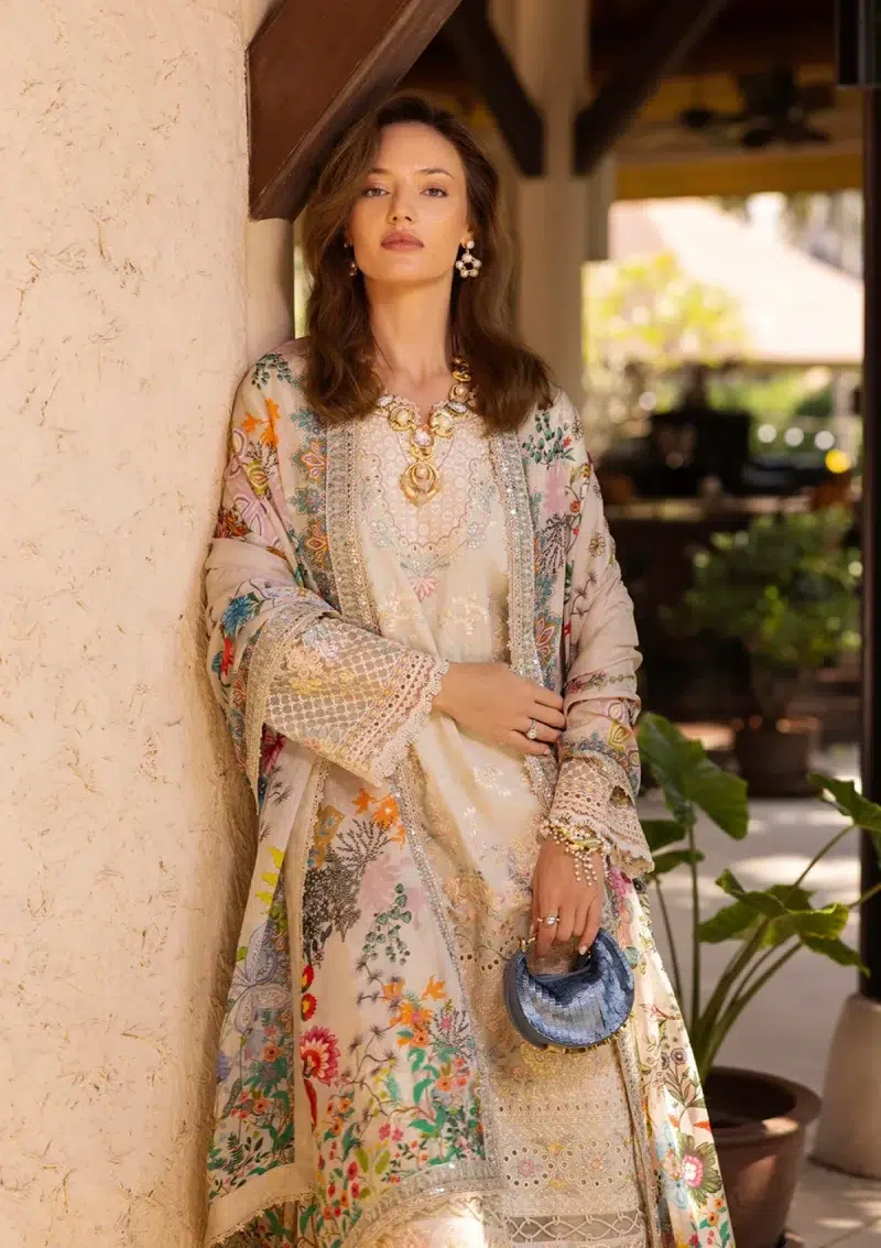 Faiza Saqlain | Noor e Chashm | Zinnia Luxury Lawn 25 | Vanilla | Unstitched | Feastive Wear | Delilah - 11 | 3 pc set.
