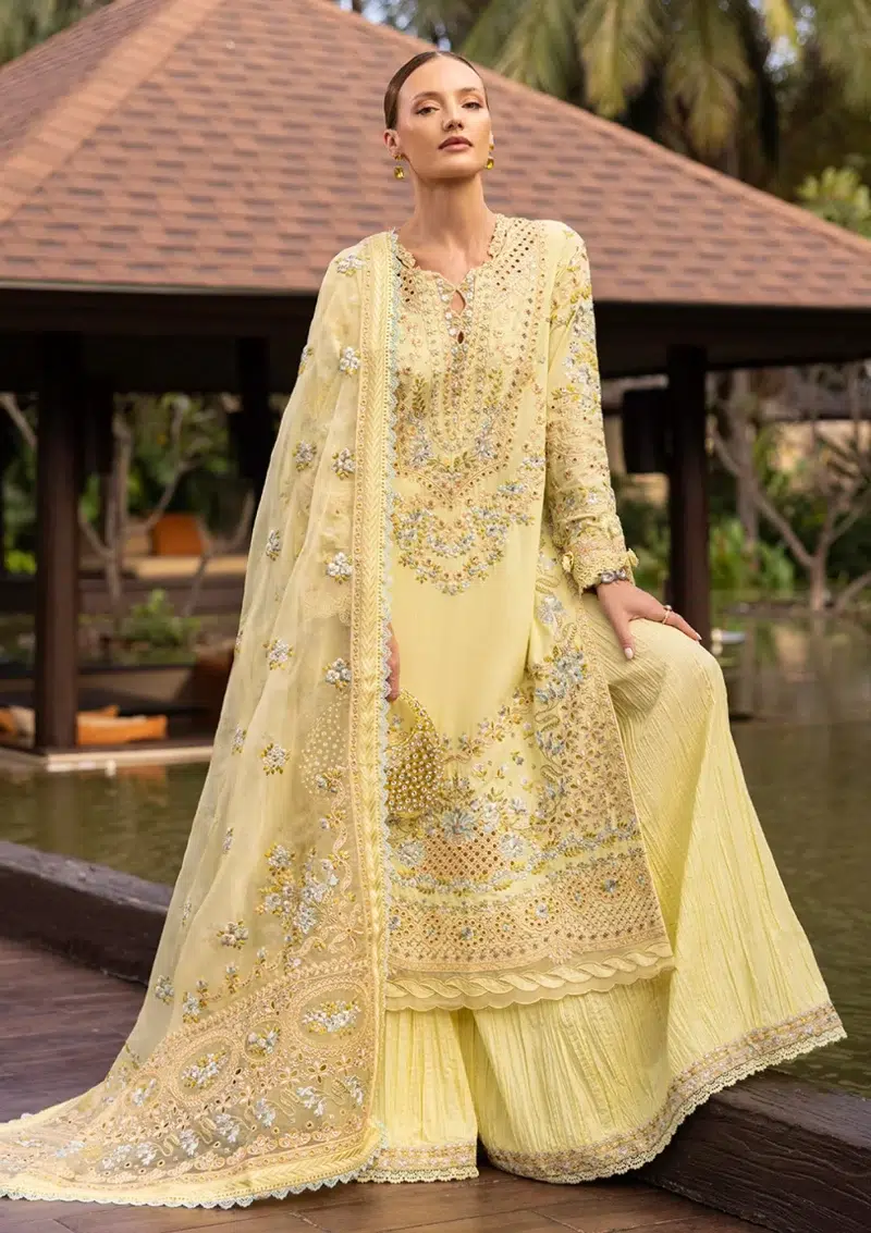 Faiza Saqlain | Noor e Chashm | Zinnia Luxury Lawn 25 | Lemon Yellow | Unstitched | Feastive Wear | Azalea - 12 | 3 pc set.
