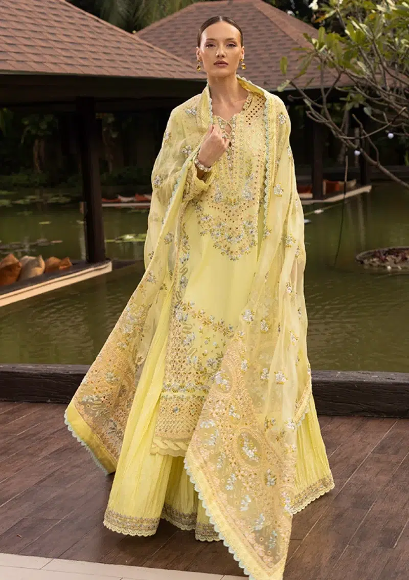 Faiza Saqlain | Noor e Chashm | Zinnia Luxury Lawn 25 | Lemon Yellow | Unstitched | Feastive Wear | Azalea - 12 | 3 pc set.