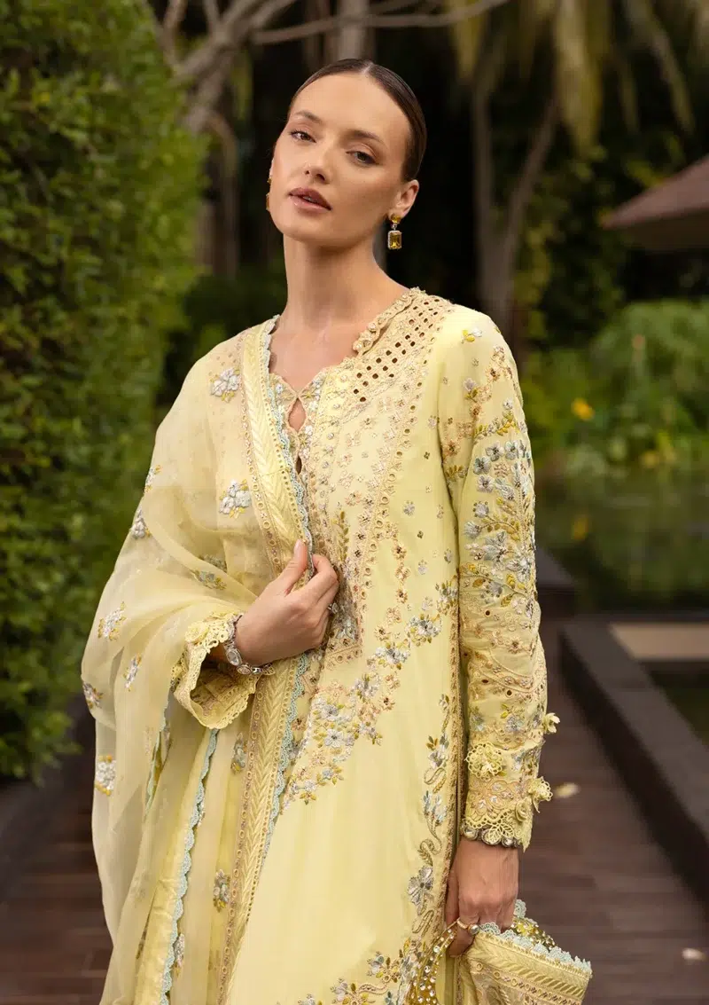 Faiza Saqlain | Noor e Chashm | Zinnia Luxury Lawn 25 | Lemon Yellow | Unstitched | Feastive Wear | Azalea - 12 | 3 pc set.