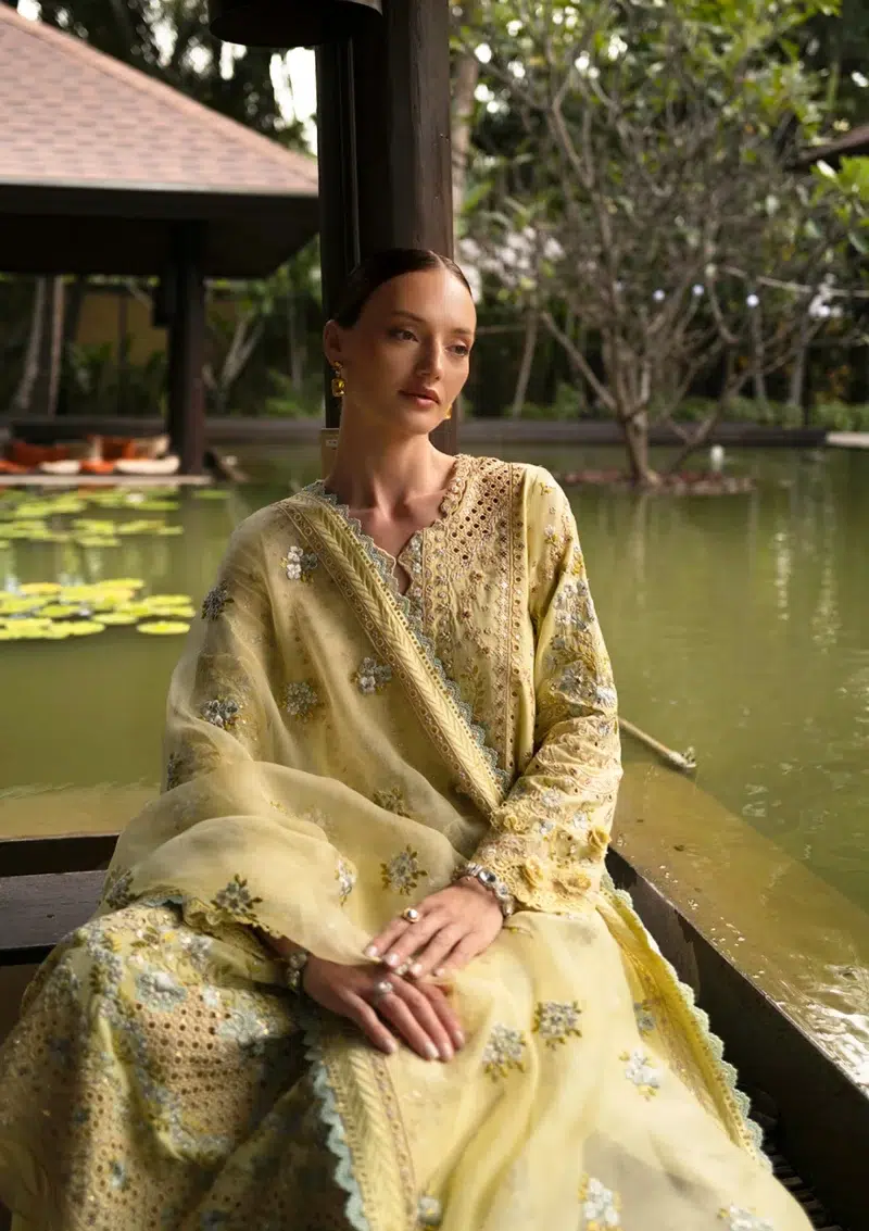 Faiza Saqlain | Noor e Chashm | Zinnia Luxury Lawn 25 | Lemon Yellow | Unstitched | Feastive Wear | Azalea - 12 | 3 pc set.