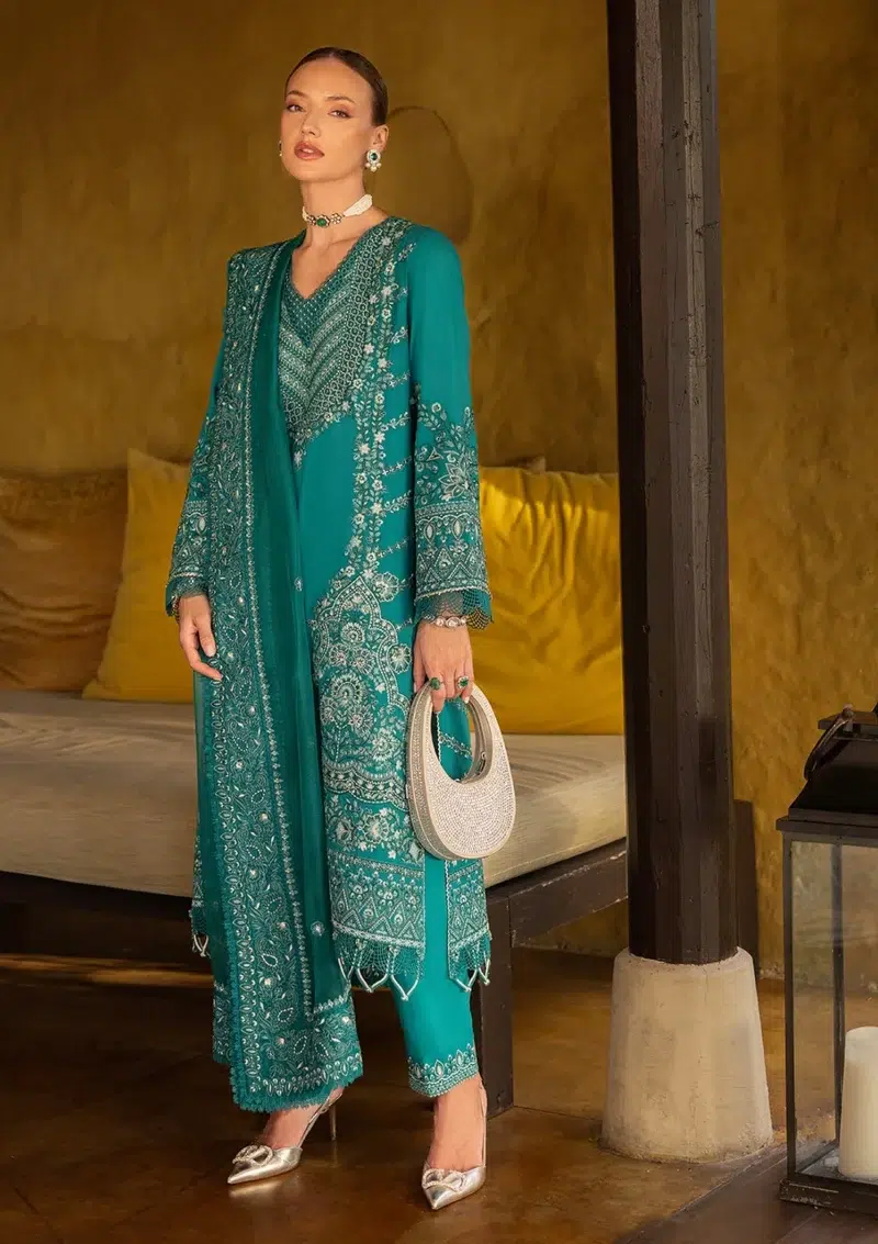 Faiza Saqlain | Noor e Chashm | Zinnia Luxury Lawn 25 | Teal Green | Unstitched | Feastive Wear | Calla - 13 | 3 pc set.