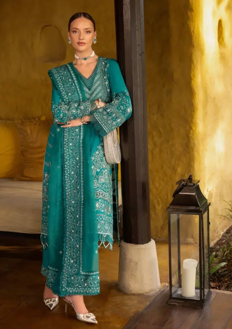 Faiza Saqlain | Noor e Chashm | Zinnia Luxury Lawn 25 | Teal Green | Unstitched | Feastive Wear | Calla - 13 | 3 pc set.