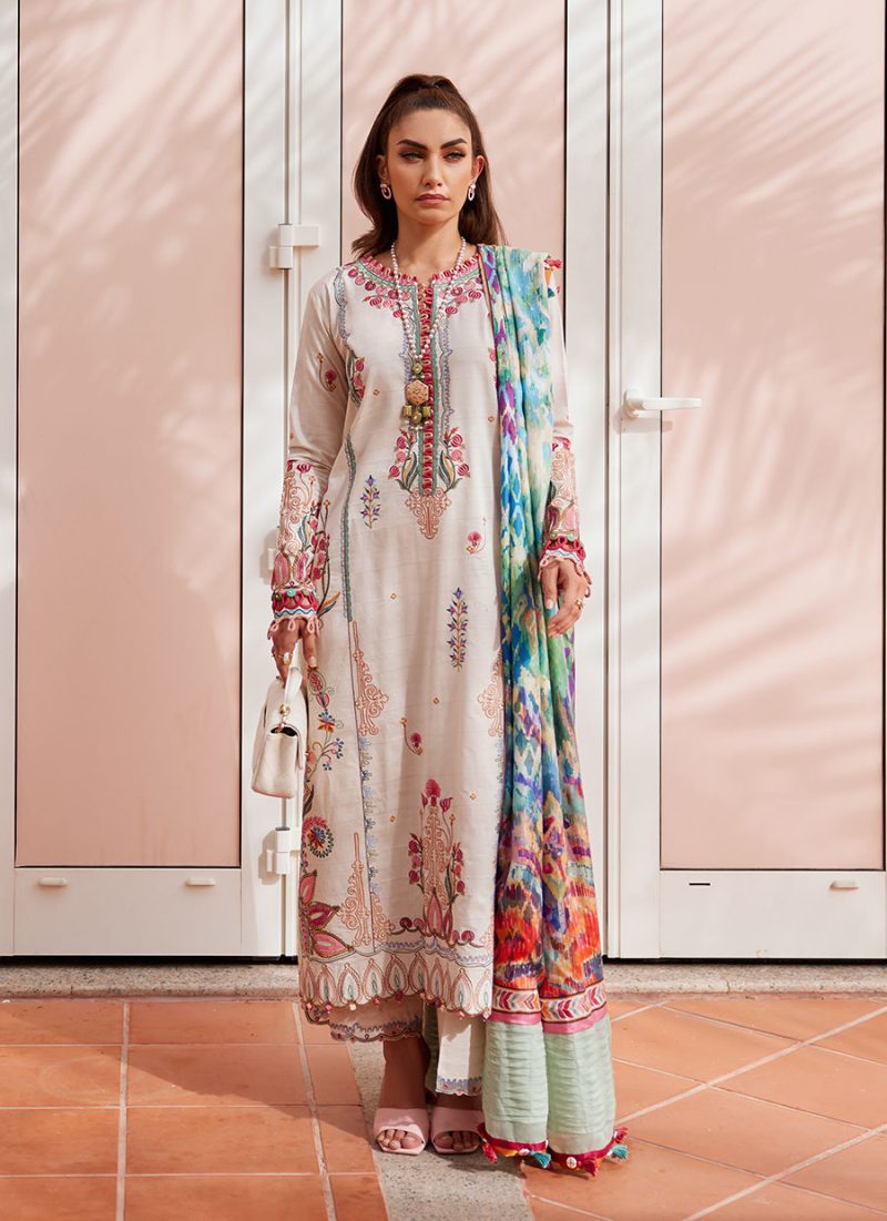 FTA | WES Luxury Lawn 25 | Unstitched | Ivory | Feastive Wear | Irene Ivory | 3 pc set.