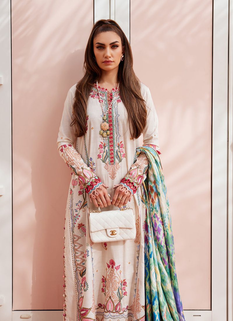 FTA | WES Luxury Lawn 25 | Unstitched | Ivory | Feastive Wear | Irene Ivory | 3 pc set.