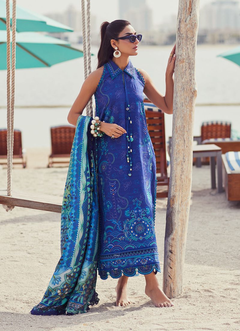 FTA | WES Luxury Lawn 25 | Unstitched | Deep Blue | Feastive Wear | Beryl Deep Blue | 3 pc set.