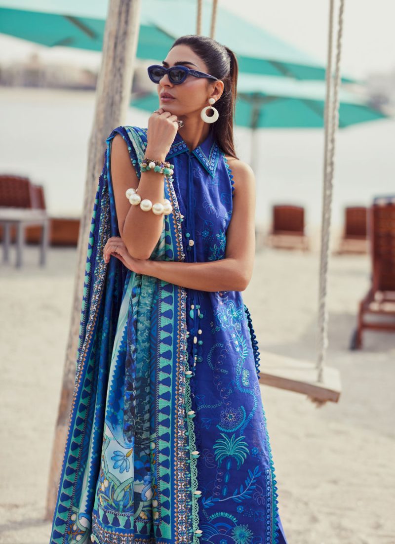 FTA | WES Luxury Lawn 25 | Unstitched | Deep Blue | Feastive Wear | Beryl Deep Blue | 3 pc set.