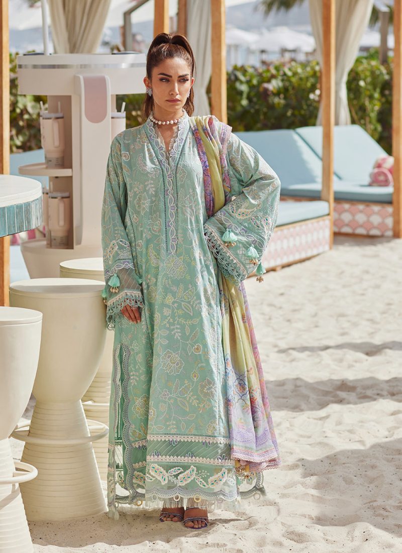 FTA | WES Luxury Lawn 25 | Unstitched | Aqua | Feastive Wear | Alice Aqua | 3 pc set.