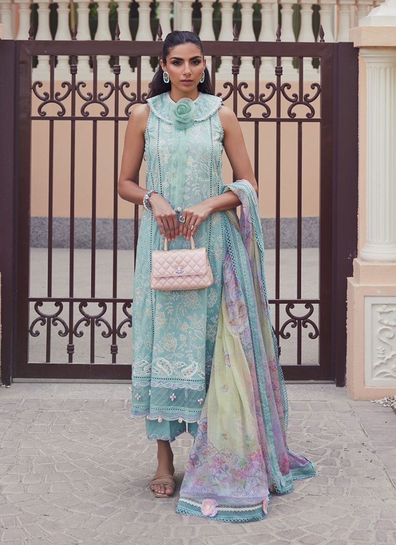 FTA | WES Luxury Lawn 25 | Unstitched | Aqua | Feastive Wear | Alice Aqua | 3 pc set.