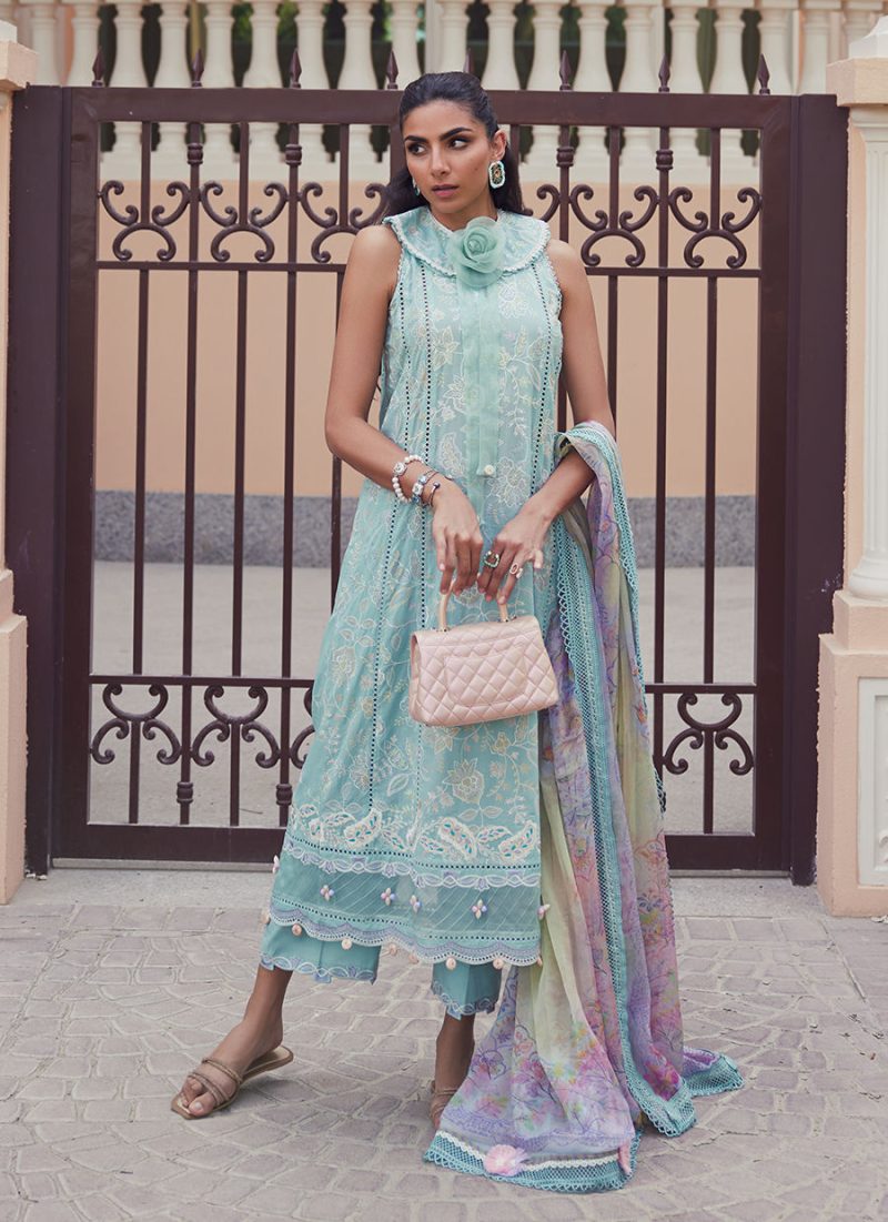 FTA | WES Luxury Lawn 25 | Unstitched | Aqua | Feastive Wear | Alice Aqua | 3 pc set.