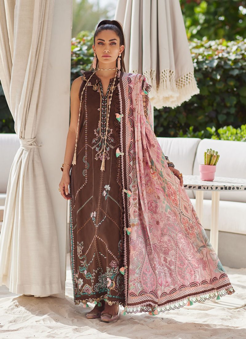 FTA | WES Luxury Lawn 25 | Unstitched | Brown | Feastive Wear | Lvella Lindtt | 3 pc set.