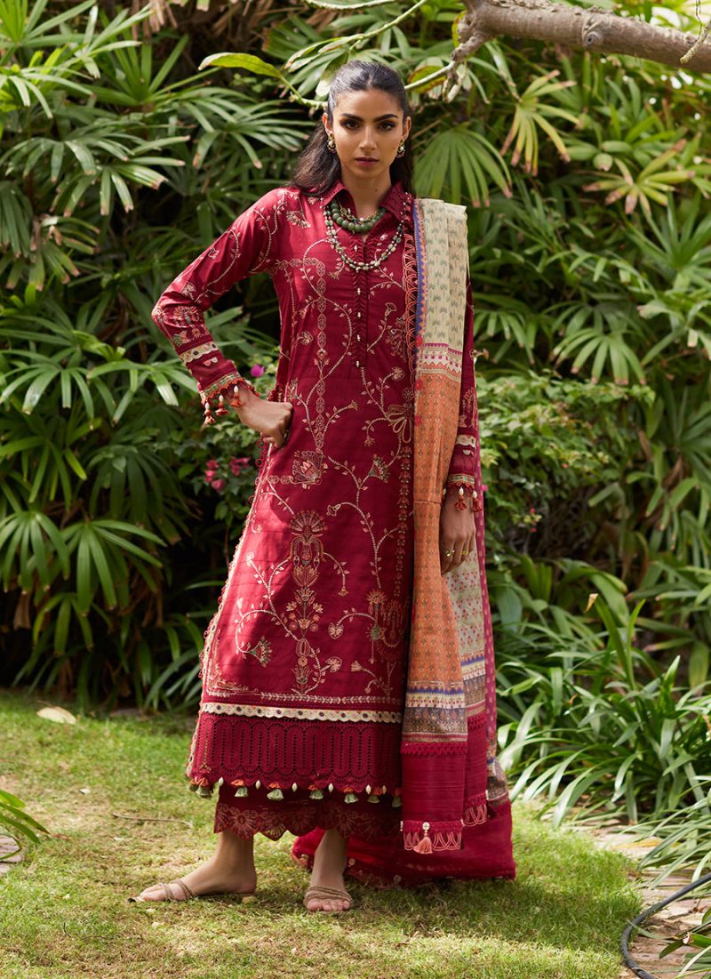 FTA | WES Luxury Lawn 25 | Unstitched | Red | Feastive Wear | Rosemary Red | 3 pc set.