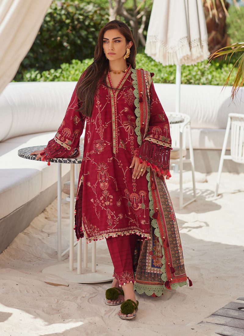 FTA | WES Luxury Lawn 25 | Unstitched | Red | Feastive Wear | Rosemary Red | 3 pc set.