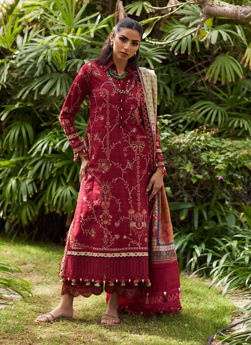 FTA | WES Luxury Lawn 25 | Unstitched | Red | Feastive Wear | Rosemary Red | 3 pc set.