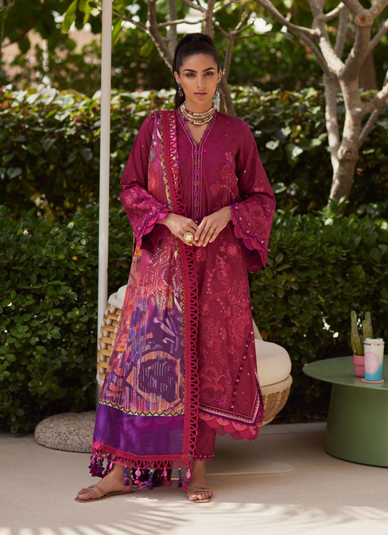 FTA | WES Luxury Lawn 25 | Unstitched | Berry | Feastive Wear | Betty Berry | 3 pc set.