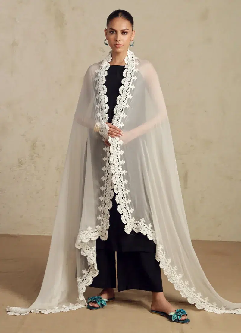 Image | Ella | Applique Lace Dupatta | Chiffon| White | 1 pc | IDCH-213608 | S.