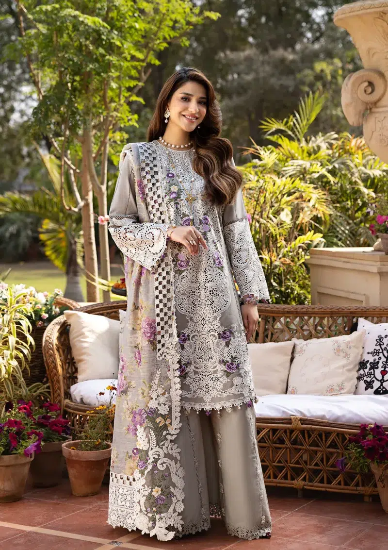 ELAF | Luxury | Lawn 25 |Mousse Grey | Unstitched |  Festive wear | Ramsha | ELM-05 | 3 pc set.