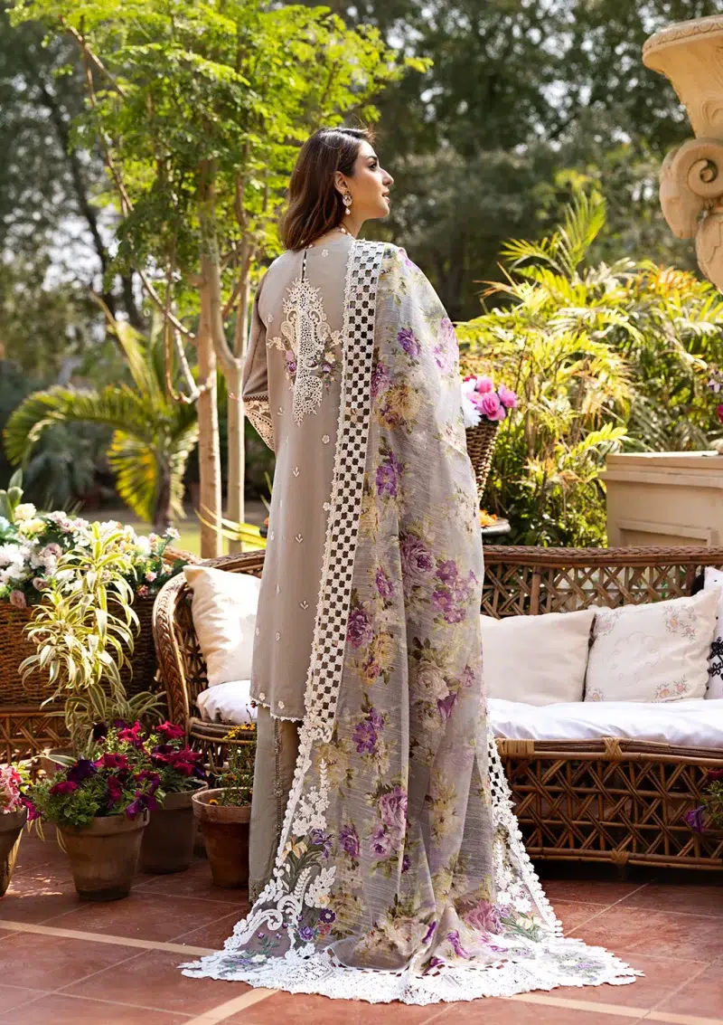 ELAF | Luxury | Lawn 25 |Mousse Grey | Unstitched |  Festive wear | Ramsha | ELM-05 | 3 pc set.