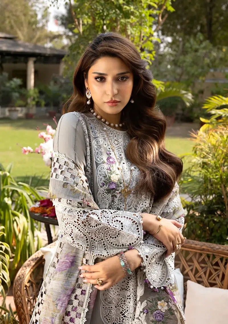 ELAF | Luxury | Lawn 25 |Mousse Grey | Unstitched |  Festive wear | Ramsha | ELM-05 | 3 pc set.