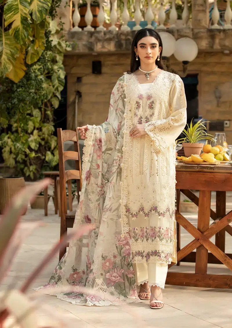 ELAF | Luxury | Lawn 25 |Off White | Unstitched | Festive wear | Kohinoor | ELM-11 | 3 pc set.