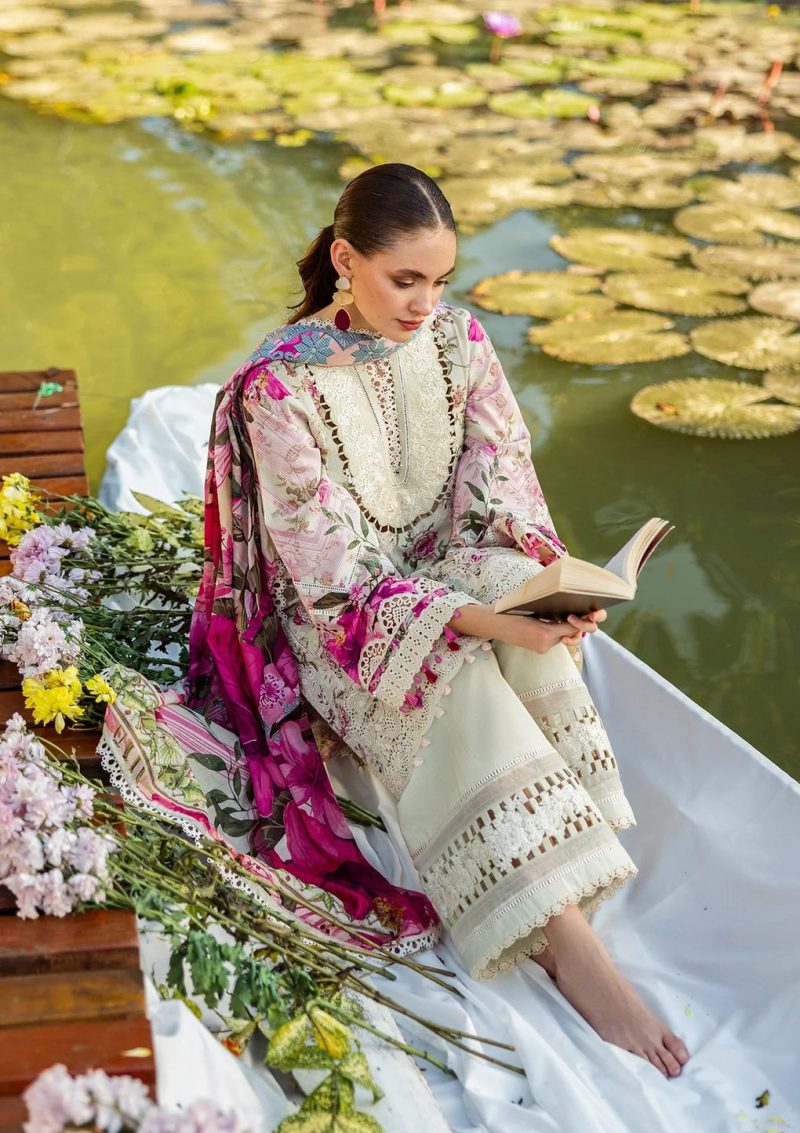 Elaf | Roses & Whites | Cream | Lawn | Unstitched | Print Chikankari Colloction '25 | 3 pc set