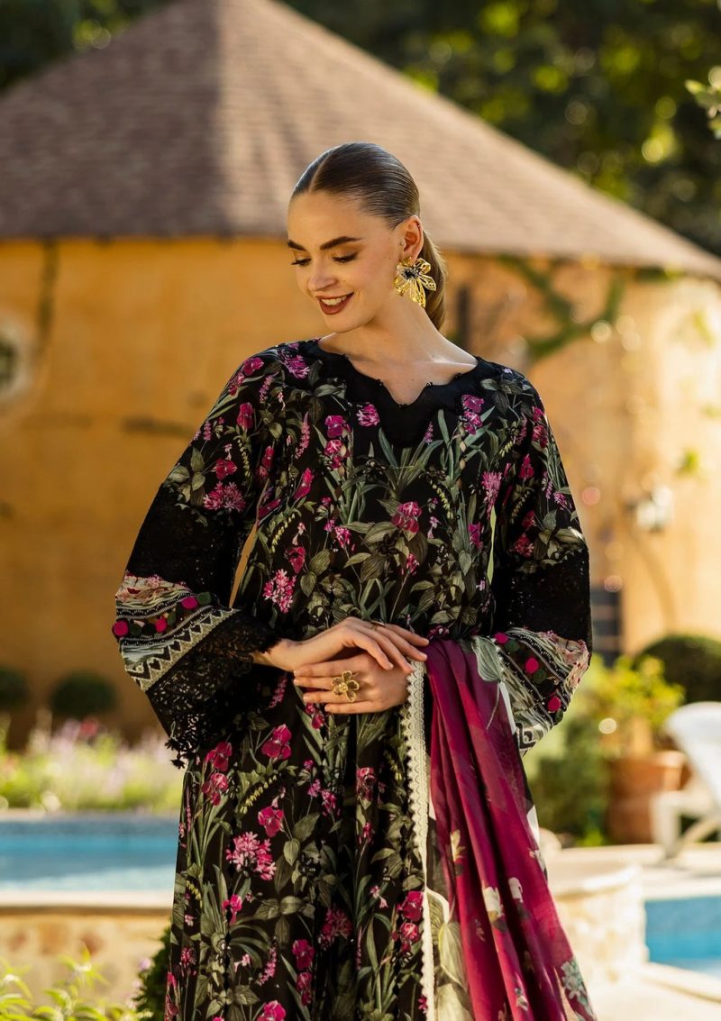 Elaf | Vista | Black | Lawn | Unstitched | Print Chikankari Colloction '25 | 3 pc set