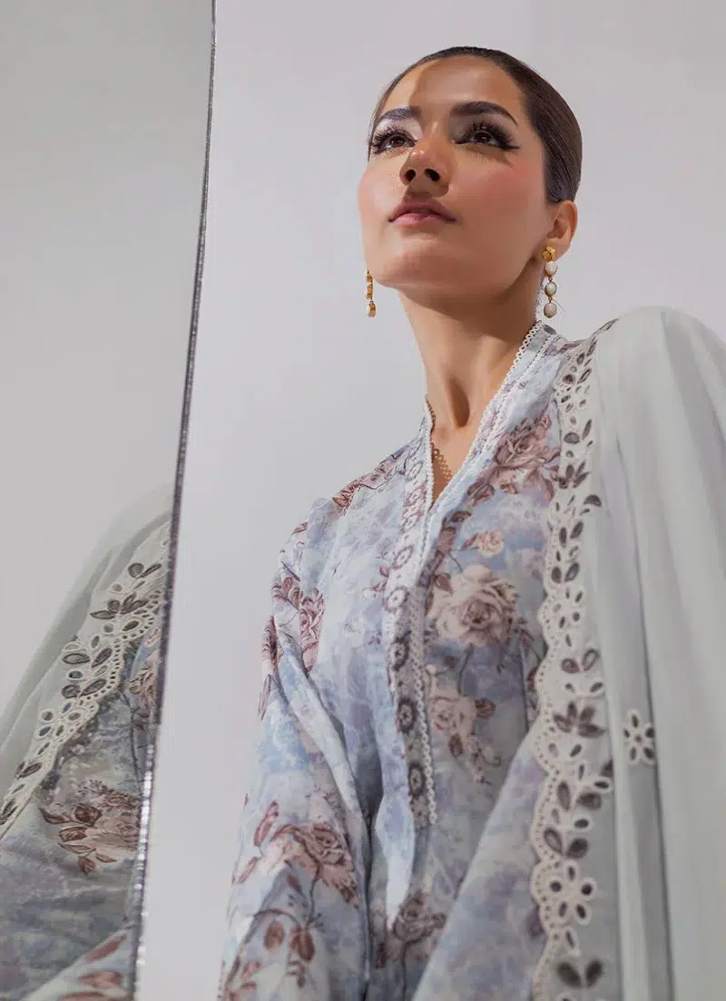 Image | Spring Basics '25 Collection | Embroidered Printed Suits | Cotton and Chiffon | Light Blue | Stitched | 3 Pc